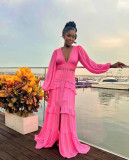 Splicing long sleeved V-neck dress for women's long skirt
