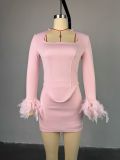 Feather long sleeved base shirt high waist half hip skirt two-piece set