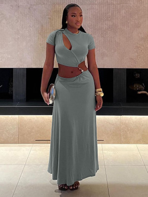 Beaded navel exposed short sleeved long skirt set