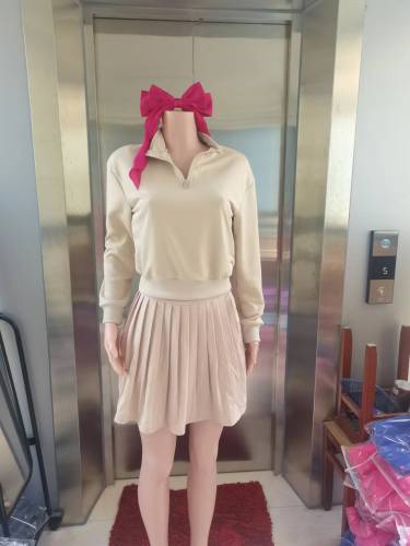Long sleeved high waisted pleated short skirt set