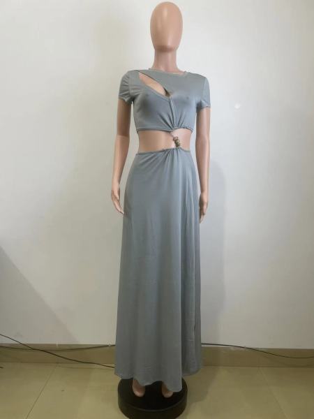 Beaded navel exposed short sleeved long skirt set