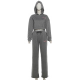Embroidered hooded high waisted pocket straight leg pants set