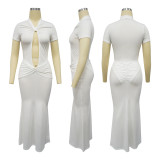 Hollow pleated jumpsuit half skirt set