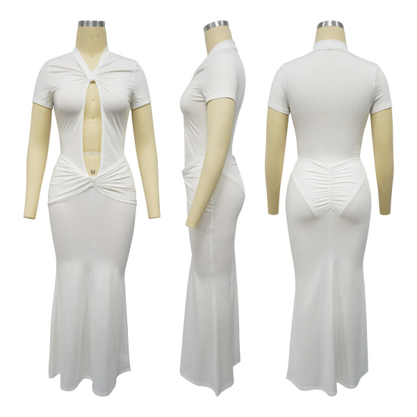 Hollow pleated jumpsuit half skirt set