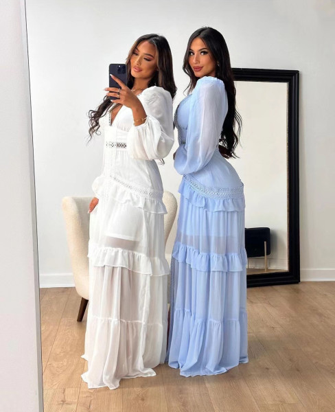 Splicing long sleeved V-neck dress for women's long skirt