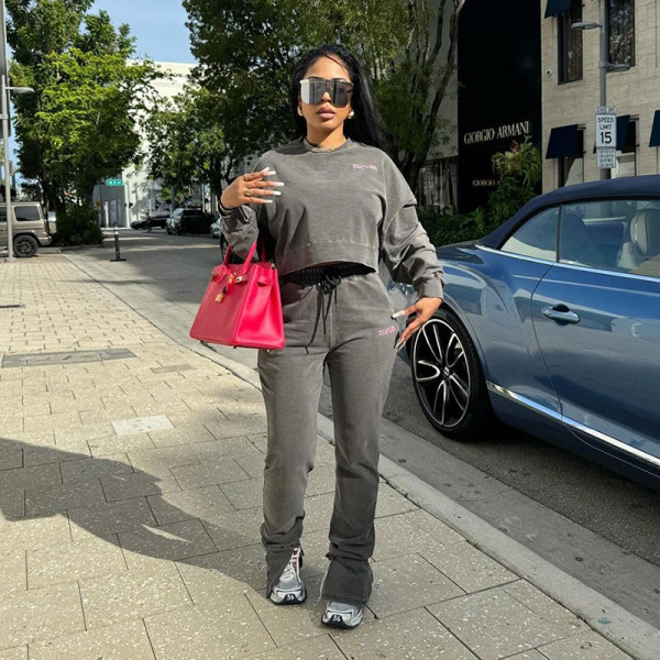 Embroidered hooded high waisted pocket straight leg pants set