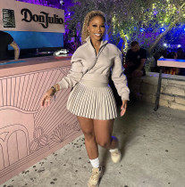 Long sleeved high waisted pleated short skirt set