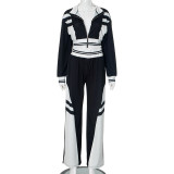 Two piece set of contrasting collar top and wide leg pants