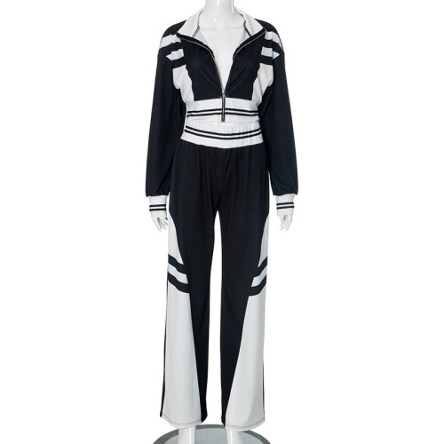 Two piece set of contrasting collar top and wide leg pants