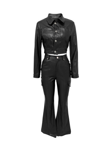 Suit leather cardigan sports pants set