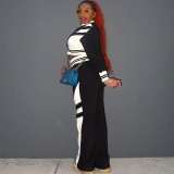 Two piece set of contrasting collar top and wide leg pants