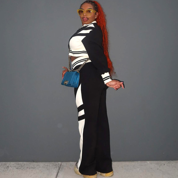 Two piece set of contrasting collar top and wide leg pants