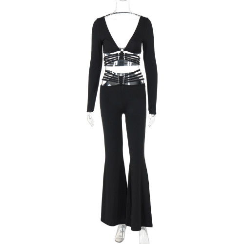 V-neck long sleeved top with straps and wide leg pants set