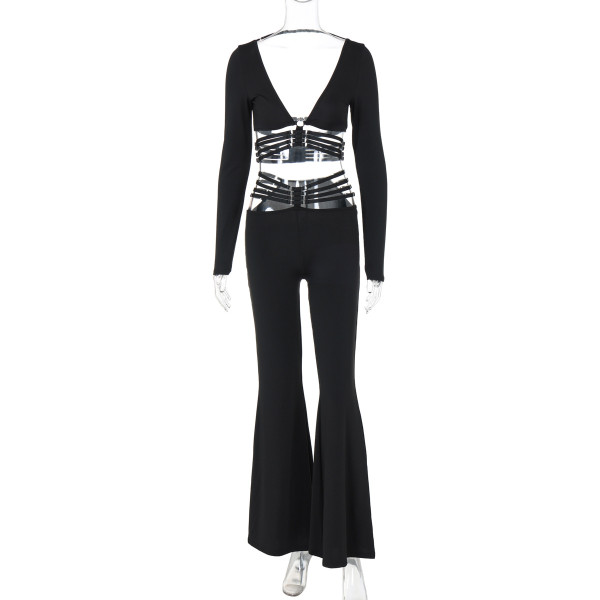 V-neck long sleeved top with straps and wide leg pants set