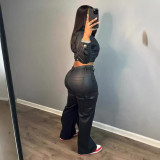 Suit leather cardigan sports pants set