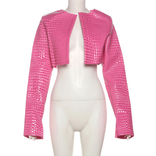 Open navel short round neck solid color top jacket