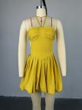 Hanging neck, strapless, backless, high waisted dress