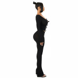Long sleeved bow tie with hollow out navel top+long pants two-piece set