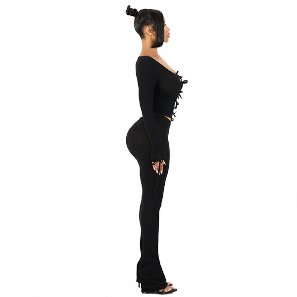 Long sleeved bow tie with hollow out navel top+long pants two-piece set