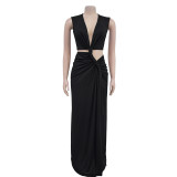 Sleeveless deep V-slit dress