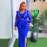 Large grid rhinestone fake two-piece dress set