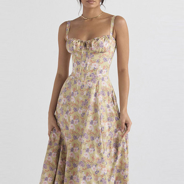 Printed Strap Waist Sleeveless Strap Dress