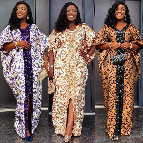 Splicing printed robe, loose printed bead V-neck dress