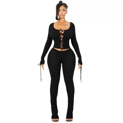 Long sleeved bow tie with hollow out navel top+long pants two-piece set
