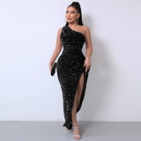 Sequined single shoulder sleeveless slit dress