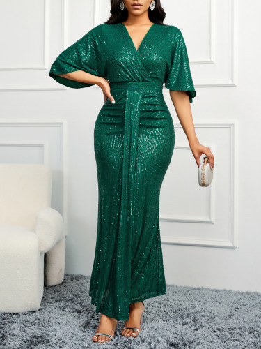 High waisted V-neck sequined dress with raglan sleeves, long dress