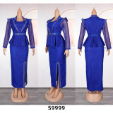 Large grid rhinestone fake two-piece dress set