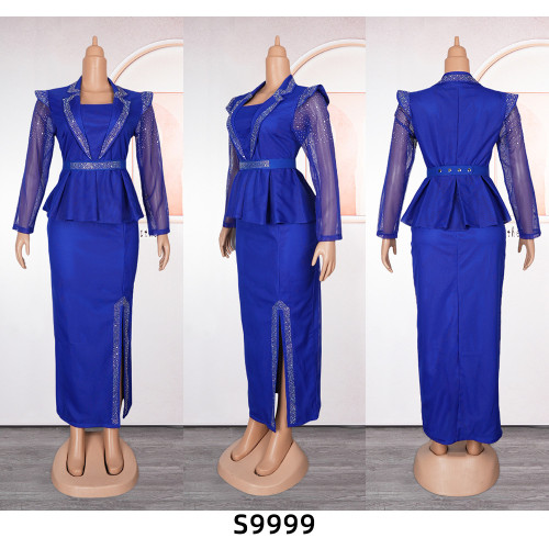 Large grid rhinestone fake two-piece dress set