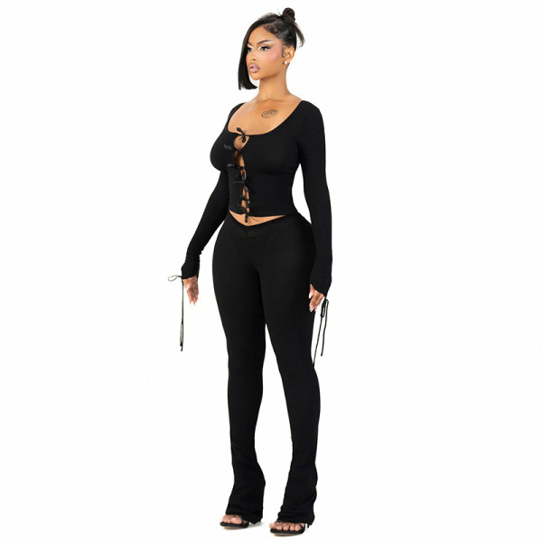 Long sleeved bow tie with hollow out navel top+long pants two-piece set