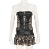 Leather patchwork leopard print mesh short skirt set
