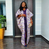 Splicing printed robe, loose printed bead V-neck dress