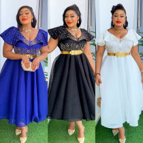 Large V-neck bag hip skirt with bubble beads and high waist dress with belt included