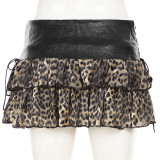 Leather patchwork leopard print mesh short skirt