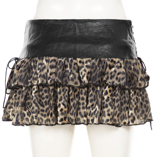 Leather patchwork leopard print mesh short skirt