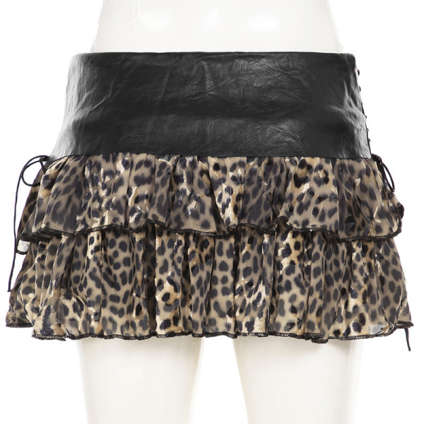 Leather patchwork leopard print mesh short skirt