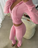 Woolen patchwork strap hooded long sleeved zipper cardigan sweatshirt+micro flared pants set