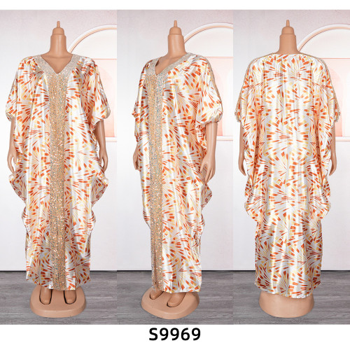 Splicing printed robe, loose printed bead V-neck dress
