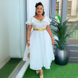 Large V-neck bag hip skirt with bubble beads and high waist dress with belt included