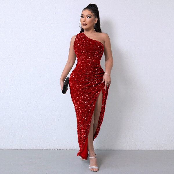 Sequined single shoulder sleeveless slit dress