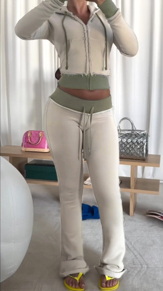 Woolen patchwork strap hooded long sleeved zipper cardigan sweatshirt+micro flared pants set