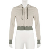 Woolen patchwork strap hooded long sleeved zipper cardigan sweatshirt+micro flared pants set