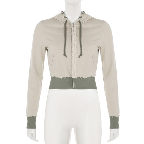 Woolen patchwork strap hooded long sleeved zipper cardigan sweatshirt+micro flared pants set
