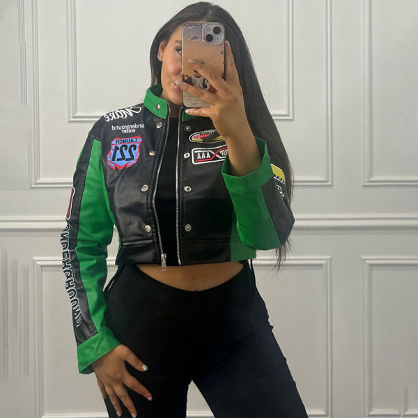 Open navel printed long sleeved baseball jacket