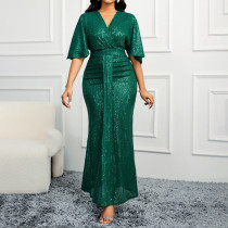 High waisted V-neck sequined dress with raglan sleeves, long dress High waisted V-neck sequined dress with raglan sleeves, long dress