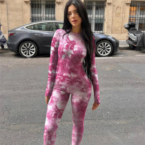 Printed long sleeved tight fitting high waisted and hip lifting sports jumpsuit