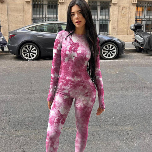 Printed long sleeved tight fitting high waisted and hip lifting sports jumpsuit